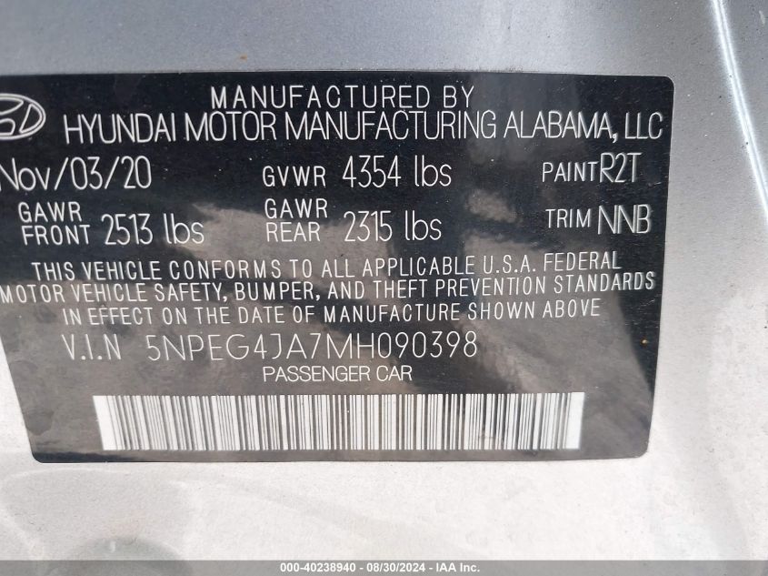 5NPEG4JA7MH090398 2021 Hyundai Sonata Se