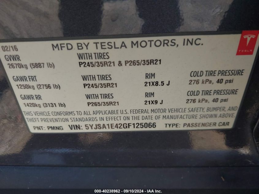 5YJSA1E42GF125066 2016 Tesla Model S