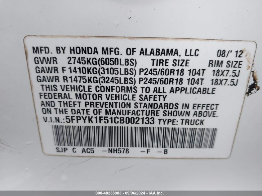 2012 Honda Ridgeline Rtl VIN: 5FPYK1F51CB002133 Lot: 40238983