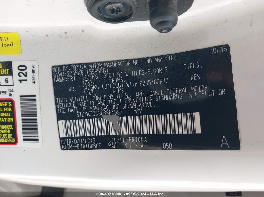 5TDYK3DC3FS664592 2015 Toyota Sienna Xle 8 Passenger