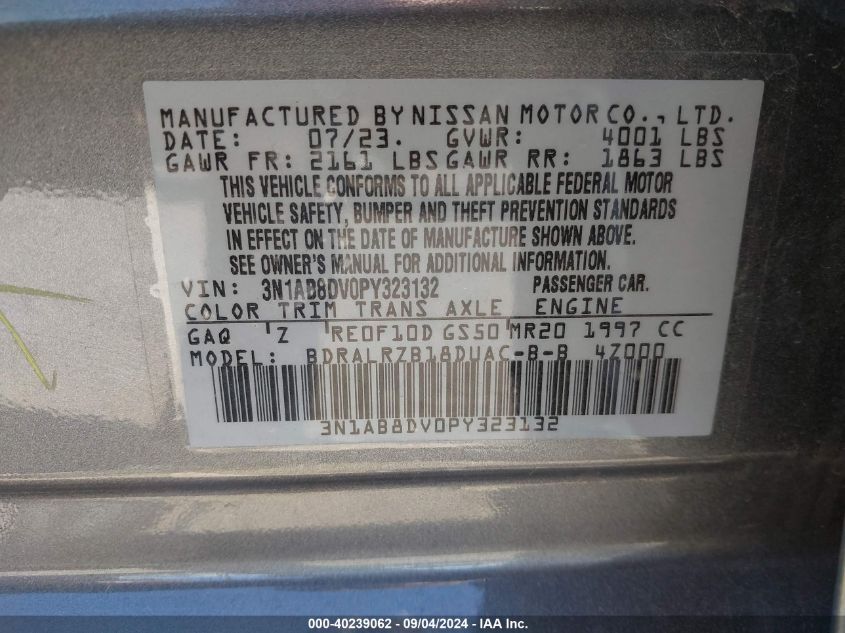 2023 Nissan Sentra Sr Xtronic Cvt VIN: 3N1AB8DV0PY323132 Lot: 40239062