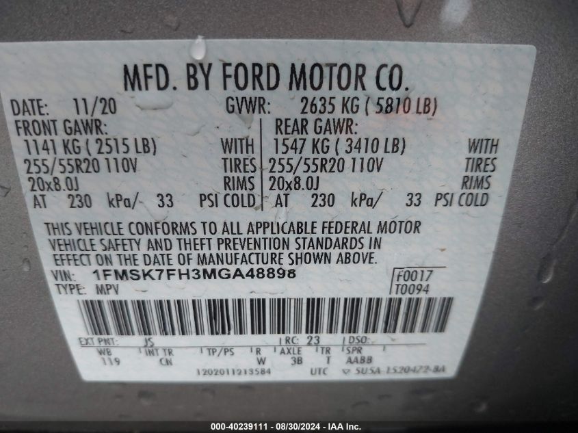 2021 Ford Explorer Limited VIN: 1FMSK7FH3MGA48898 Lot: 40239111