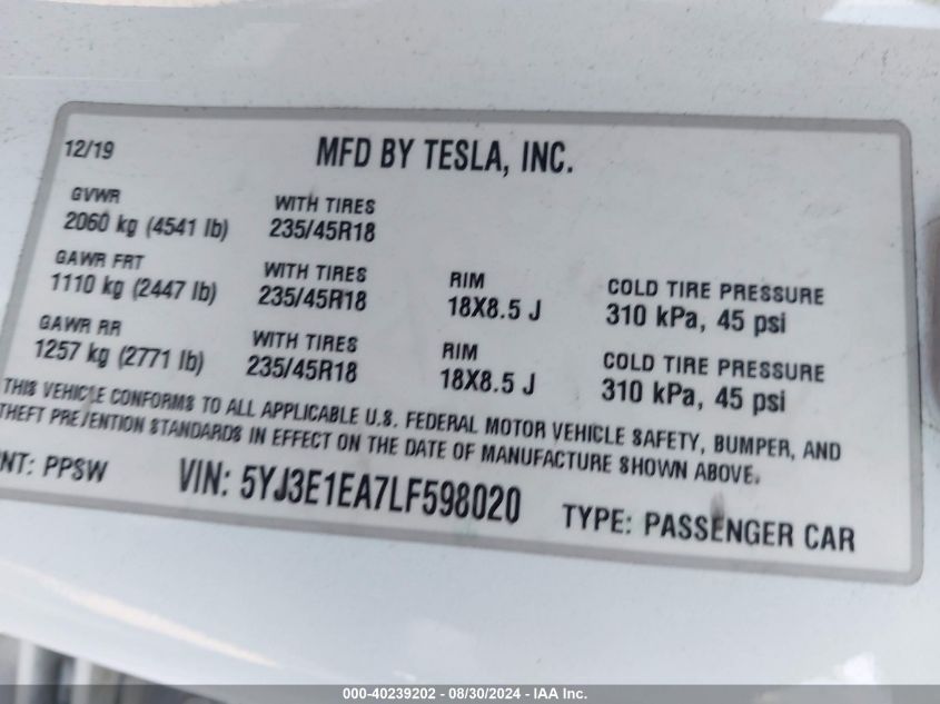 2020 Tesla Model 3 Standard Range Plus Rear-Wheel Drive/Standard Range Rear-Wheel Drive VIN: 5YJ3E1EA7LF598020 Lot: 40239202