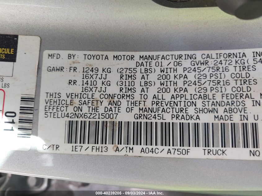 2006 Toyota Tacoma Base V6 VIN: 5TELU42NX6Z215007 Lot: 40239205