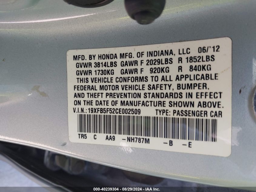 2012 Honda Civic Natural Gas VIN: 19XFB5F52CE002509 Lot: 40239304