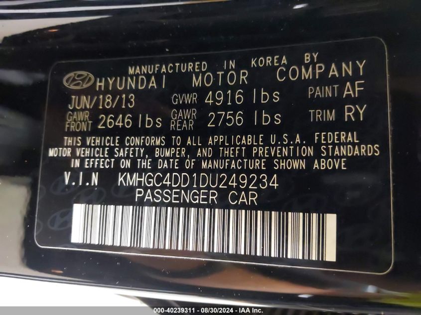 2013 Hyundai Genesis 3.8 VIN: KMHGC4DD1DU249234 Lot: 40239311