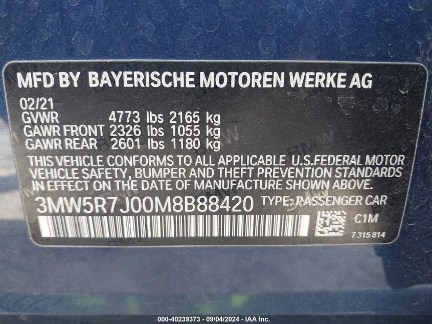 2021 BMW 330Xi VIN: 3MW5R7J00M8B88420 Lot: 40239373