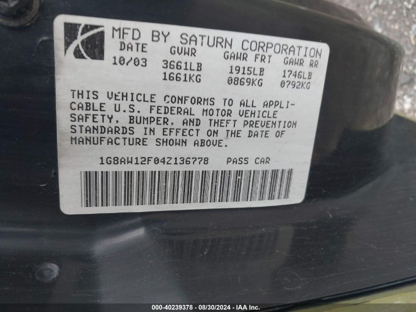 2004 Saturn Ion 3 VIN: 1G8AW12F04Z136778 Lot: 40239378