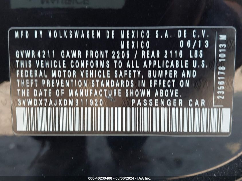 2013 VOLKSWAGEN JETTA 2.5L SE - 3VWDX7AJXDM311920