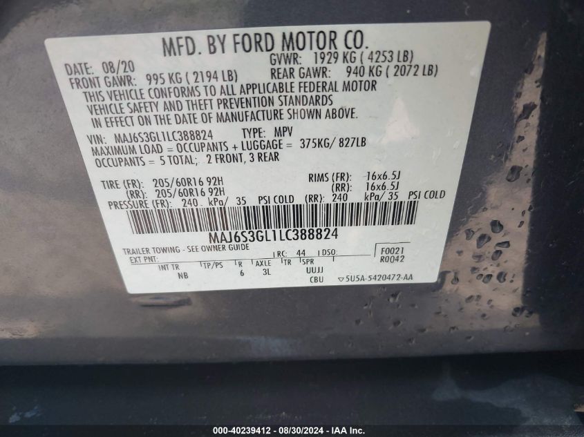 MAJ6S3GL1LC388824 2020 Ford Ecosport Se