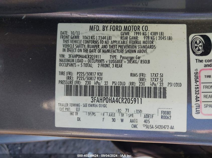 2012 Ford Fusion Se VIN: 3FAHP0HA4CR205911 Lot: 40239424