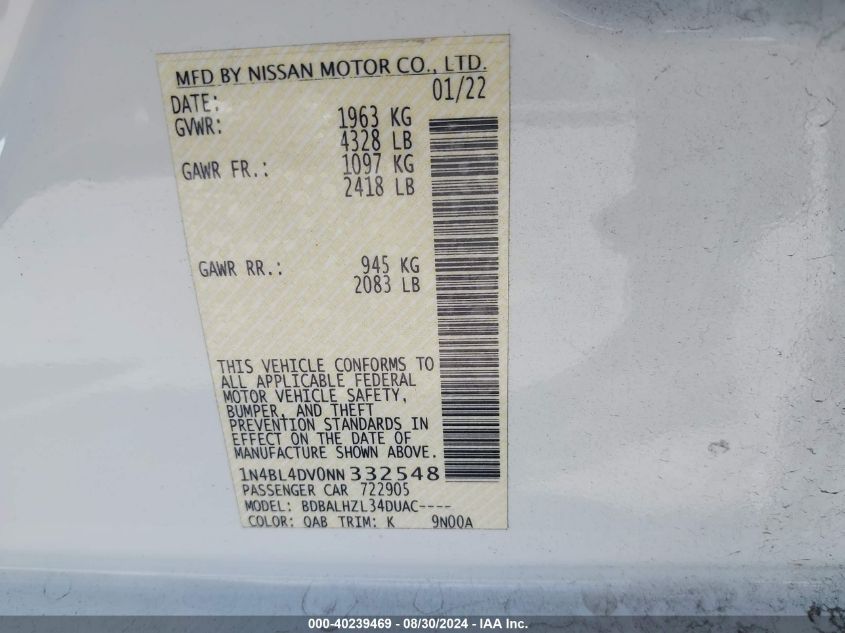 2022 Nissan Altima Sv Fwd VIN: 1N4BL4DV0NN332548 Lot: 40239469