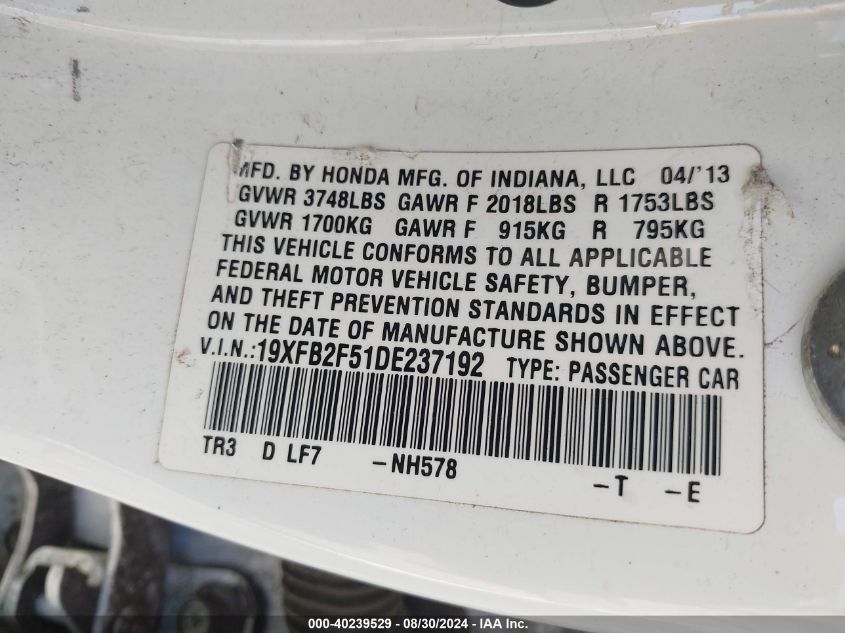 2013 Honda Civic Lx VIN: 19XFB2F51DE237192 Lot: 40239529