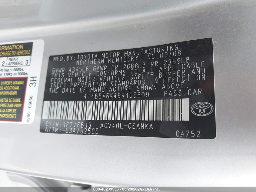 2009 Toyota Camry Le VIN: 4T4BE46K49R105609 Lot: 40239536