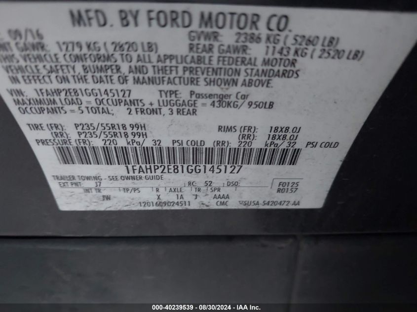 1FAHP2E81GG145127 2016 Ford Taurus Sel