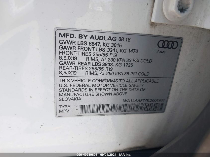 WA1LAAF74KD004983 2019 Audi Q7 55 Premium/55 Se Premium