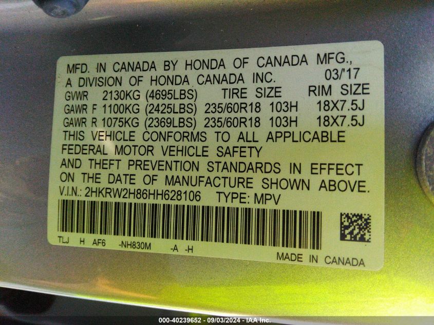 2HKRW2H86HH628106 2017 Honda Cr-V Ex-L/Ex-L Navi