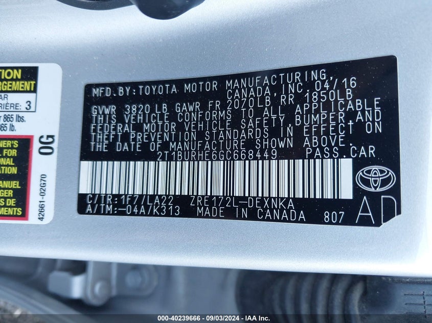 2016 TOYOTA COROLLA L/LE/LE PLS/PRM/S/S PLS - 2T1BURHE6GC668449