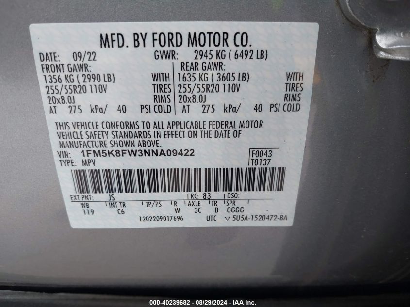 2022 Ford Explorer Limited VIN: 1FM5K8FW3NNA09422 Lot: 40239682