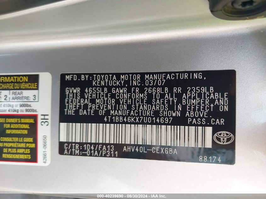 4T1BB46KX7U014697 2007 Toyota Camry Hybrid