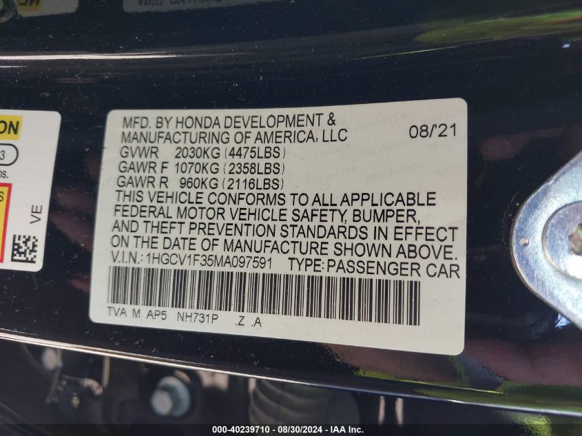 2021 Honda Accord Sport VIN: 1HGCV1F35MA097591 Lot: 40239710