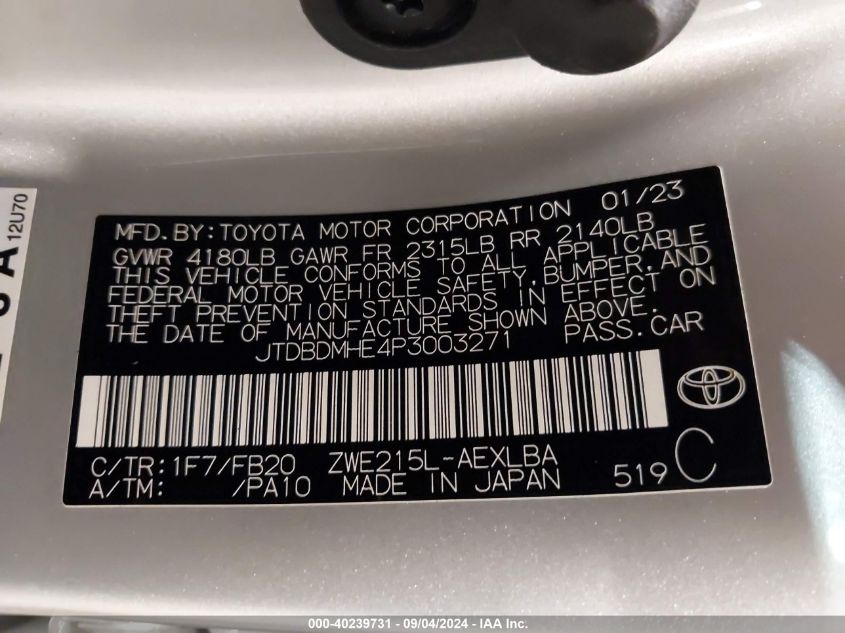 2023 Toyota Corolla Hybrid Le VIN: JTDBDMHE4P3003271 Lot: 40239731