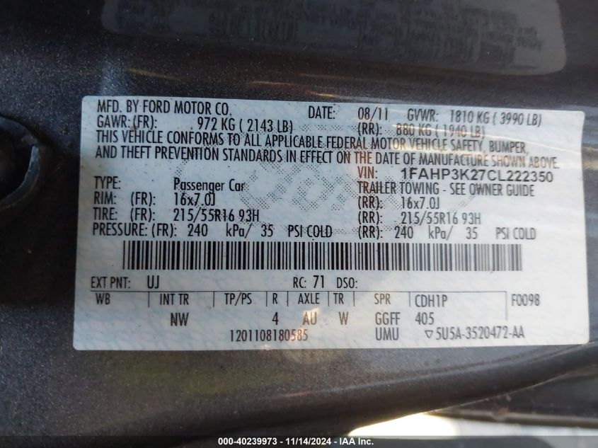 2012 Ford Focus Se VIN: 1FAHP3K27CL222350 Lot: 40239973