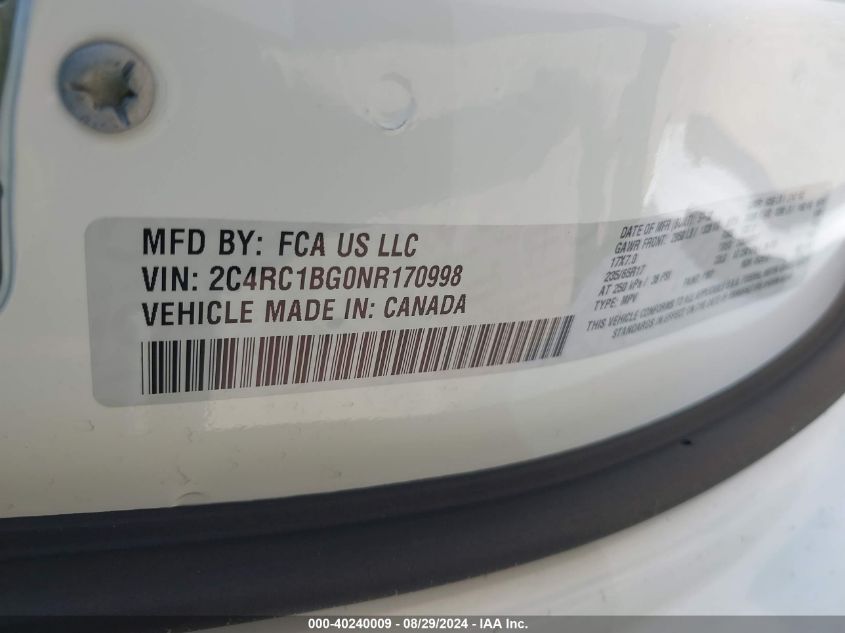 2022 Chrysler Pacifica Touring L VIN: 2C4RC1BG0NR170998 Lot: 40240009