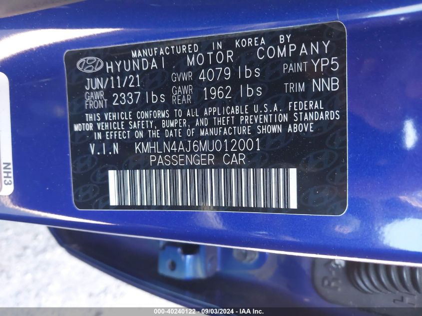 2021 Hyundai Elantra Hybrid Limited VIN: KMHLN4AJ6MU012001 Lot: 40240122