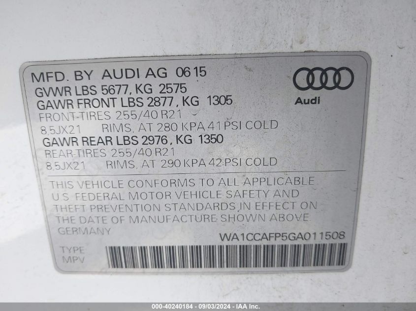 2016 Audi Sq5 3.0T Premium Plus VIN: WA1CCAFP5GA011508 Lot: 40240184