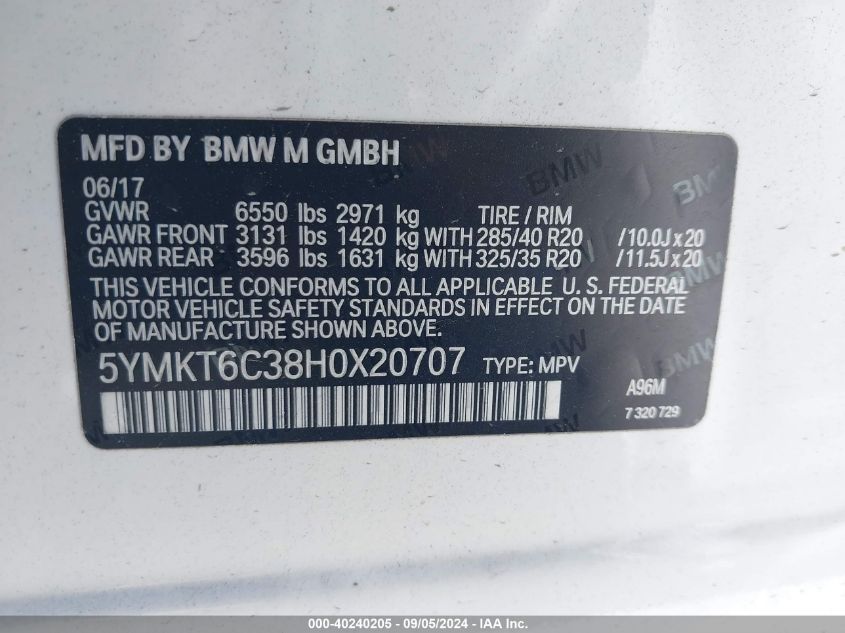 VIN 5YMKT6C38H0X20707 2017 BMW X5, X5 M no.9