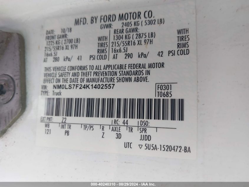 2019 Ford Transit Connect Xlt VIN: NM0LS7F24K1402557 Lot: 40240310