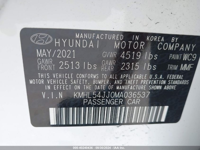 2021 Hyundai Sonata Limited VIN: KMHL54JJ0MA036537 Lot: 40240436