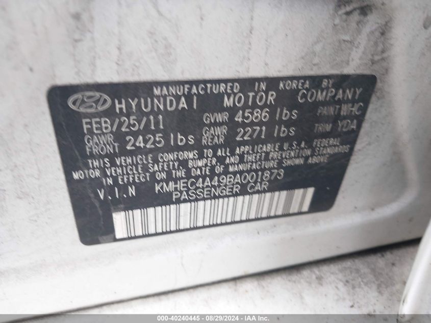 2011 Hyundai Sonata Hybrid VIN: KMHEC4A49BA001873 Lot: 40240445