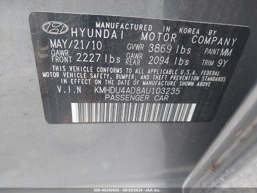 2010 Hyundai Elantra Gls VIN: KMHDU4AD8AU103235 Lot: 40240505