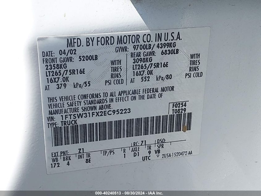 1FTSW31FX2EC95223 2002 Ford F-350 Lariat/Xl/Xlt