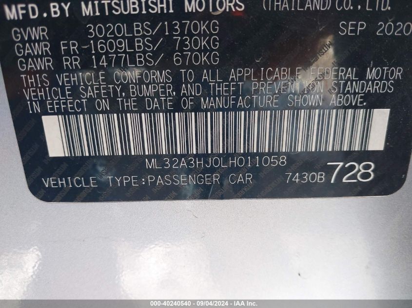 ML32A3HJ0LH011058 2020 Mitsubishi Mirage Es/Se