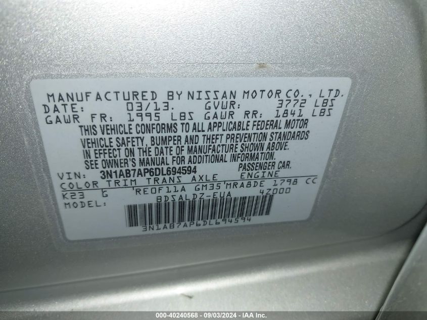 2013 NISSAN SENTRA S/SV/SR/SL - 3N1AB7AP6DL694594