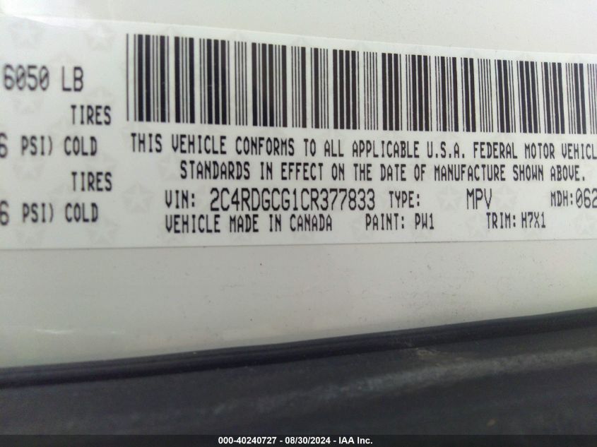 2012 Dodge Grand Caravan Sxt VIN: 2C4RDGCG1CR377833 Lot: 40240727