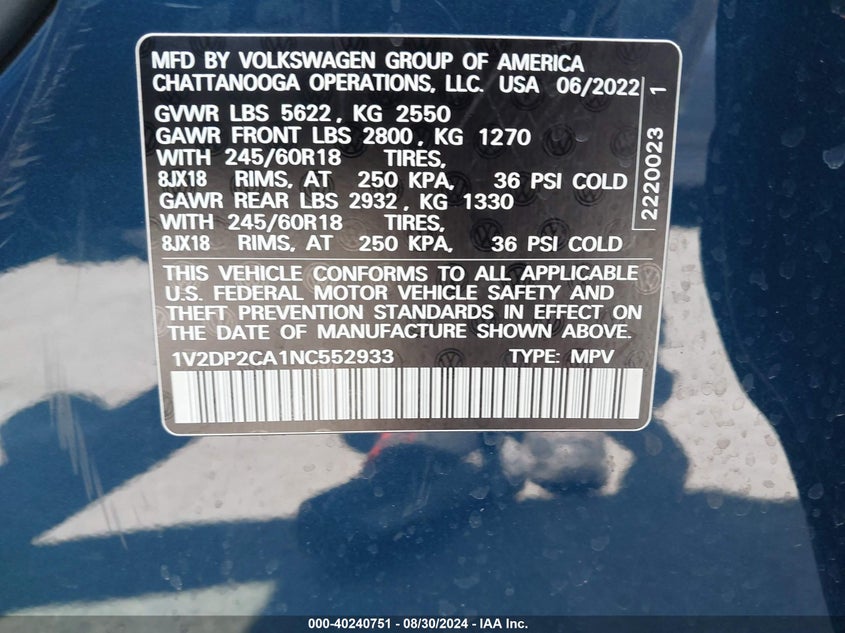 2022 VOLKSWAGEN ATLAS 2.0T SE - 1V2DP2CA1NC552933