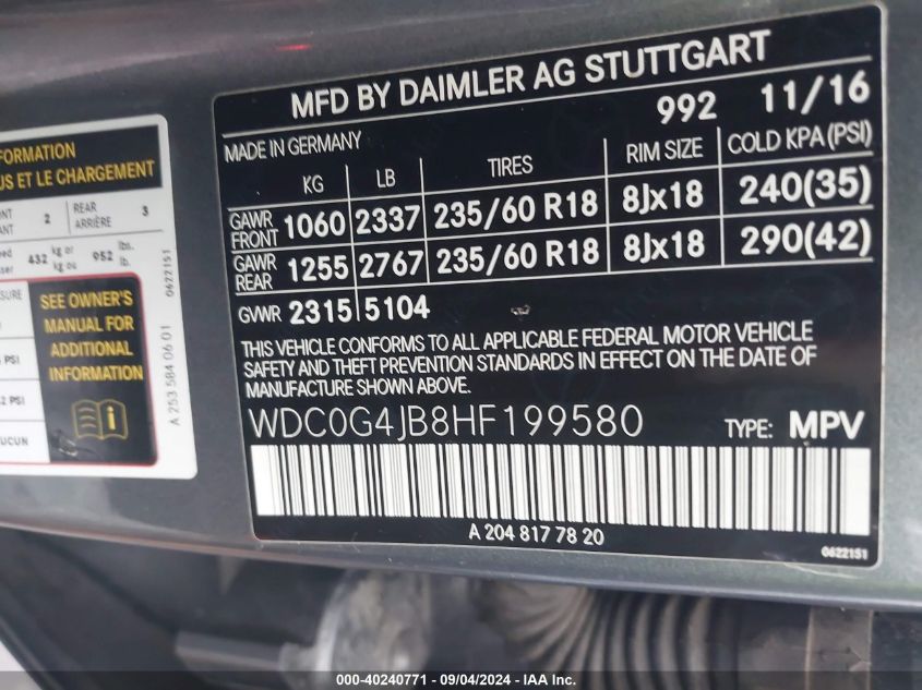 WDC0G4JB8HF199580 2017 Mercedes-Benz Glc 300