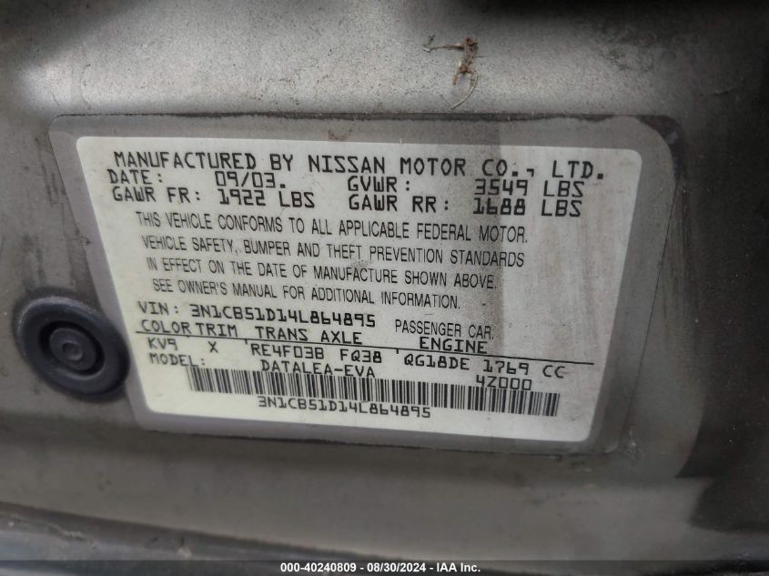 2004 Nissan Sentra 1.8S VIN: 3N1CB51D14L864895 Lot: 40240809