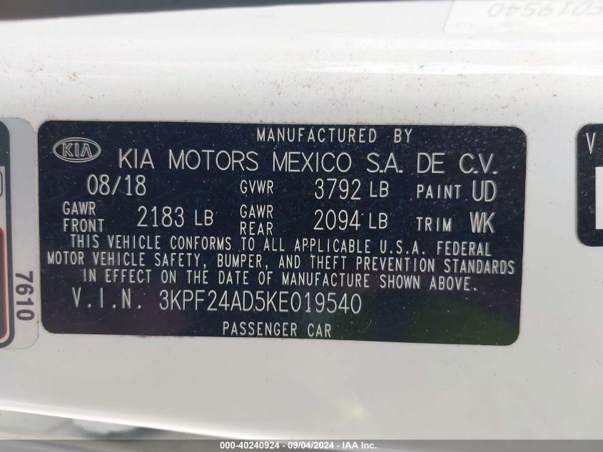 2019 Kia Forte Fe/Lx/Lxs VIN: 3KPF24AD5KE019540 Lot: 40240924