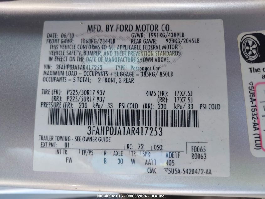 2010 Ford Fusion Sel VIN: 3FAHP0JA1AR417253 Lot: 40241016