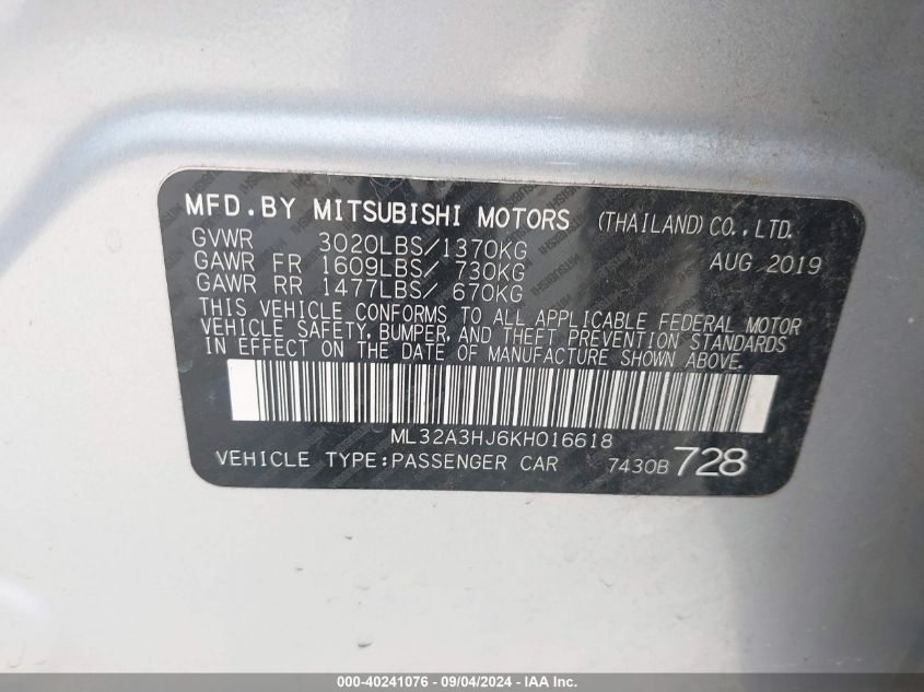 2019 Mitsubishi Mirage Rf VIN: ML32A3HJ6KH016618 Lot: 40241076