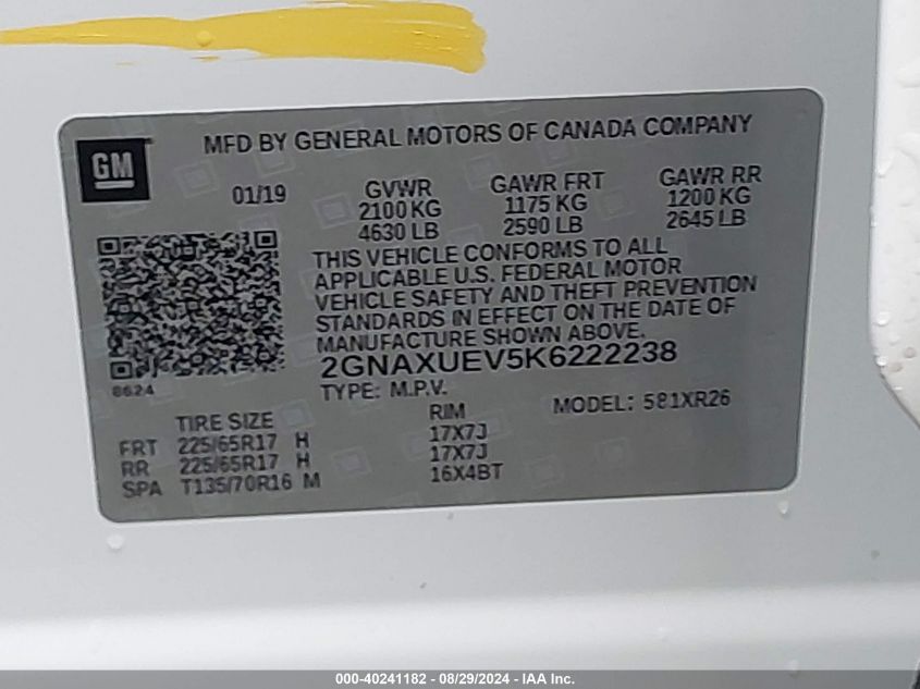 2019 Chevrolet Equinox Lt VIN: 2GNAXUEV5K6222238 Lot: 40241182