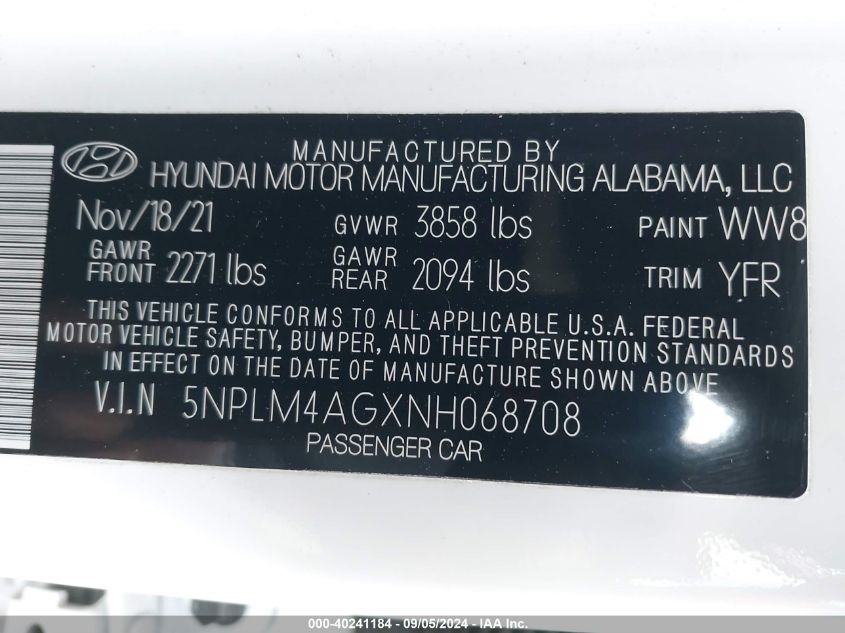 5NPLM4AGXNH068708 2022 Hyundai Elantra Sel