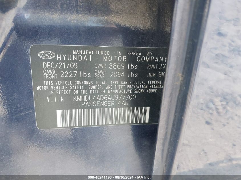 2010 Hyundai Elantra Gls VIN: KMHDU4AD6AU977700 Lot: 40241193