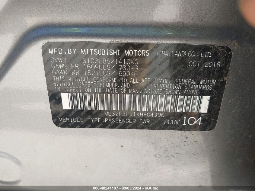 ML32F3FJ1KHF04396 2019 Mitsubishi Mirage G4 Es