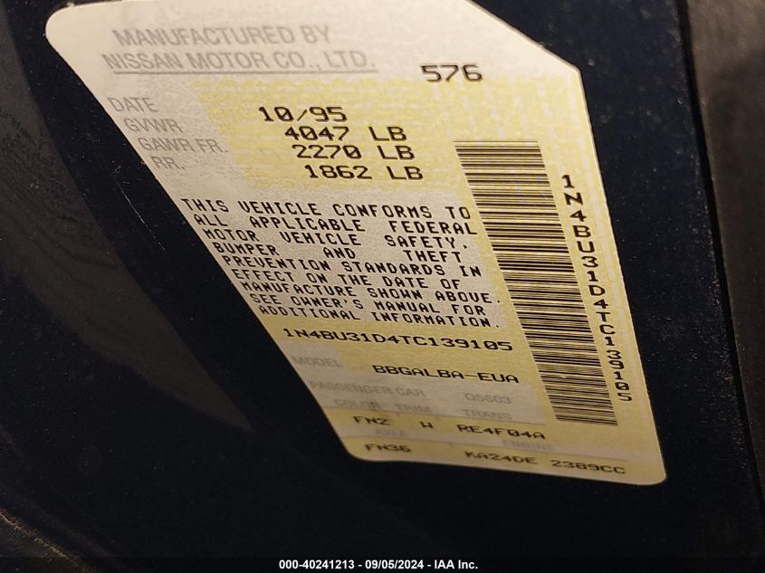 1N4BU31D4TC139105 1996 Nissan Altima Xe/Gxe/Se/Gle